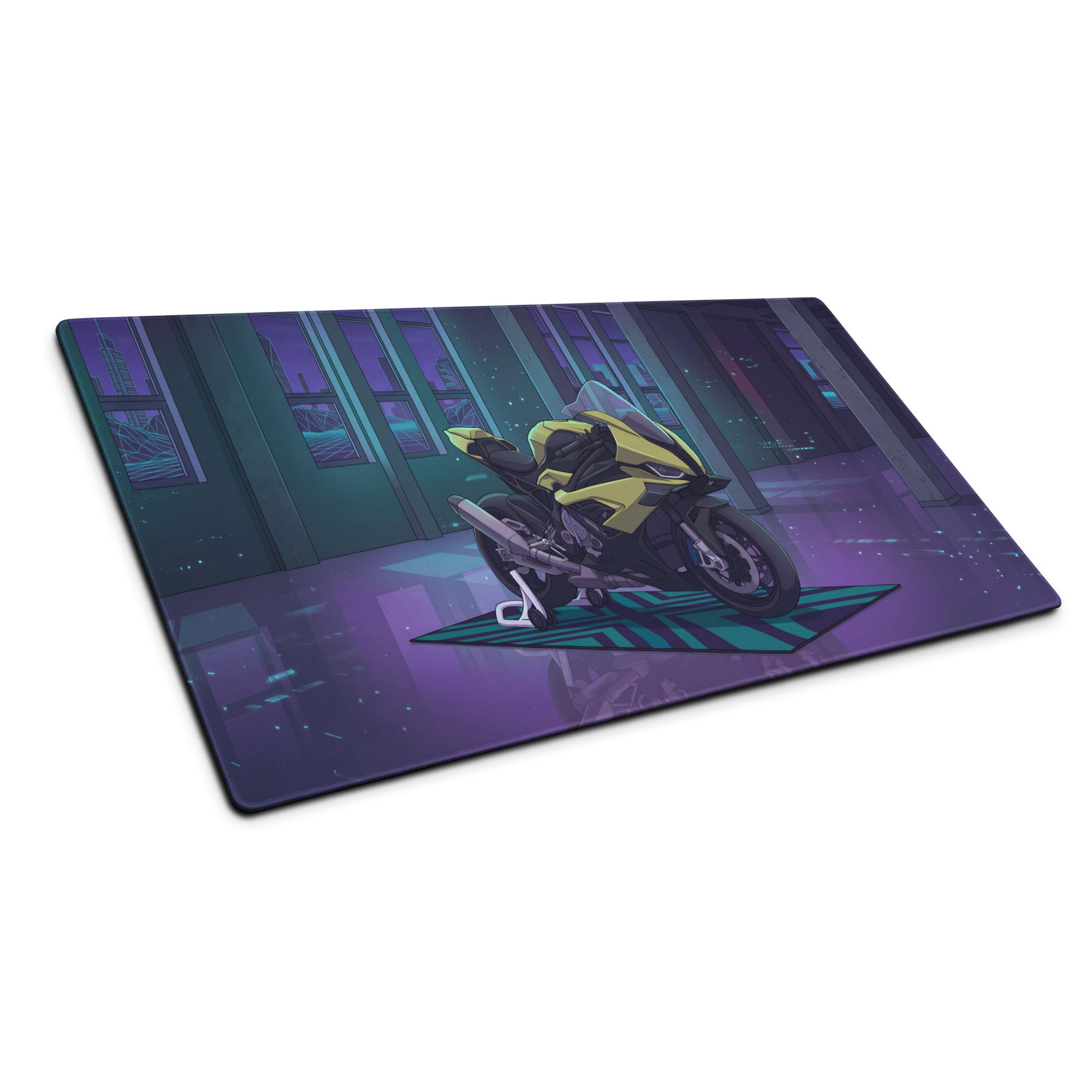 BMW S 1000 RR Inspired Yellow Purple Vaporwave Gaming Mouse Pad – Neon Cyber Garage Desk Mat, Retro Futuristic Synthwave Sportbike Digital Art