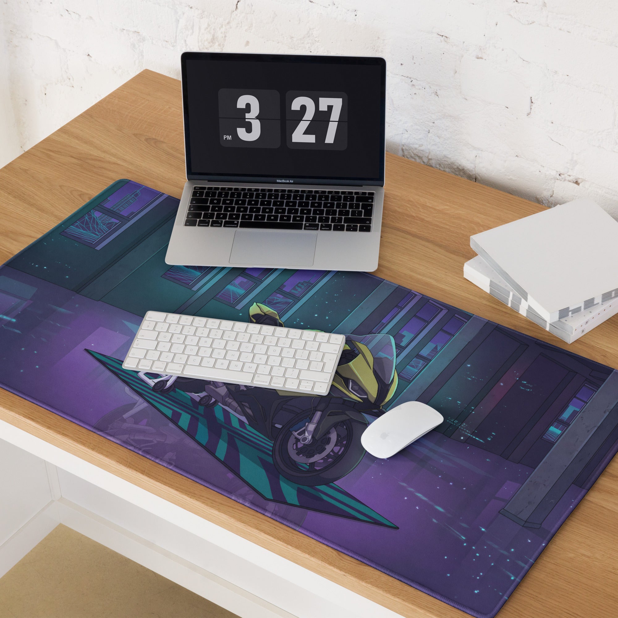 BMW S 1000 RR Inspired Yellow Purple Vaporwave Gaming Mouse Pad – Neon Cyber Garage Desk Mat, Retro Futuristic Synthwave Sportbike Digital Art
