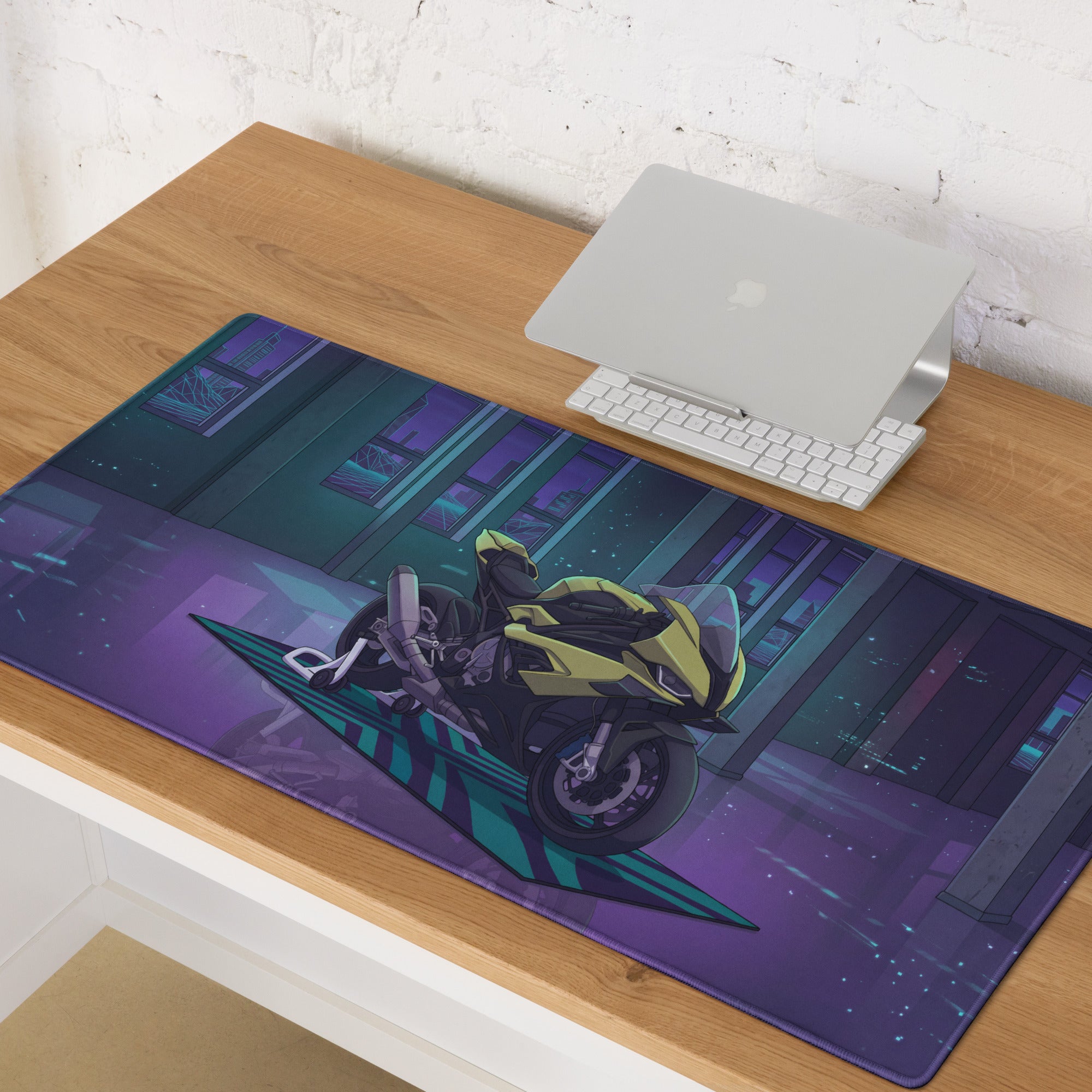 BMW S 1000 RR Inspired Yellow Purple Vaporwave Gaming Mouse Pad – Neon Cyber Garage Desk Mat, Retro Futuristic Synthwave Sportbike Digital Art