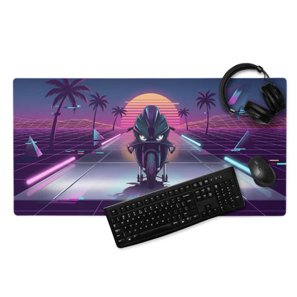 BMW M 1000 RR Inspired Black Cyan Vaporwave Gaming Mouse Pad – Neon Sunset Grid Desk Mat, Retro Futuristic Synthwave Superbike Digital Art