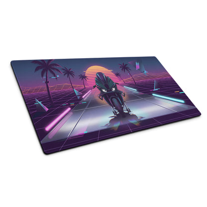 BMW M 1000 RR Inspired Black Cyan Vaporwave Gaming Mouse Pad – Neon Sunset Grid Desk Mat, Retro Futuristic Synthwave Superbike Digital Art