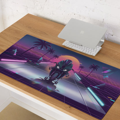 BMW M 1000 RR Inspired Black Cyan Vaporwave Gaming Mouse Pad – Neon Sunset Grid Desk Mat, Retro Futuristic Synthwave Superbike Digital Art