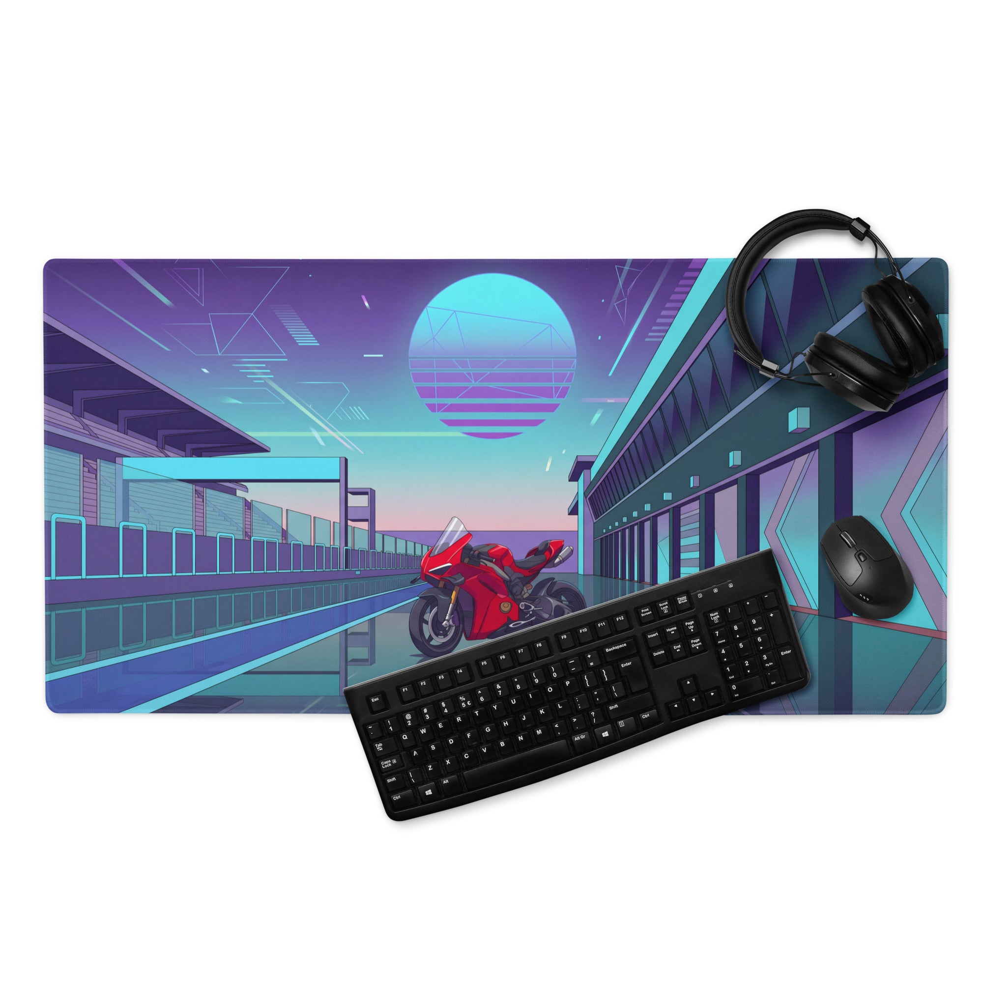 Ducati Panigale V4S Inspired Red Cyan Vaporwave Gaming Mouse Pad – Neon Pit Lane Desk Mat, Retro Futuristic Synthwave Superbike Digital Art
