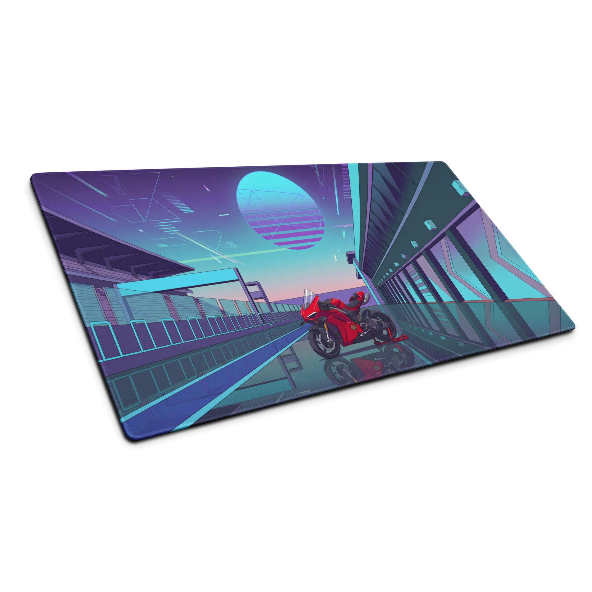 Ducati Panigale V4S Inspired Red Cyan Vaporwave Gaming Mouse Pad – Neon Pit Lane Desk Mat, Retro Futuristic Synthwave Superbike Digital Art