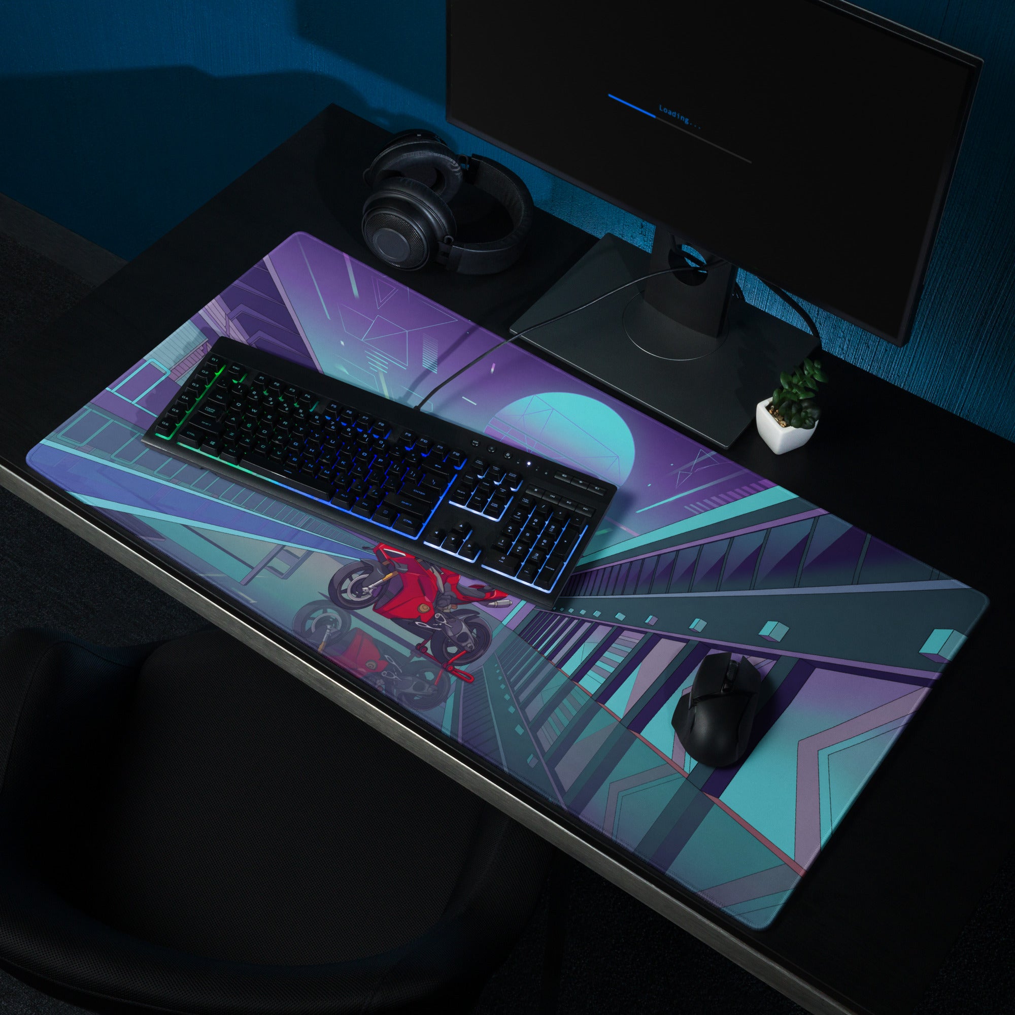 Ducati Panigale V4S Inspired Red Cyan Vaporwave Gaming Mouse Pad – Neon Pit Lane Desk Mat, Retro Futuristic Synthwave Superbike Digital Art