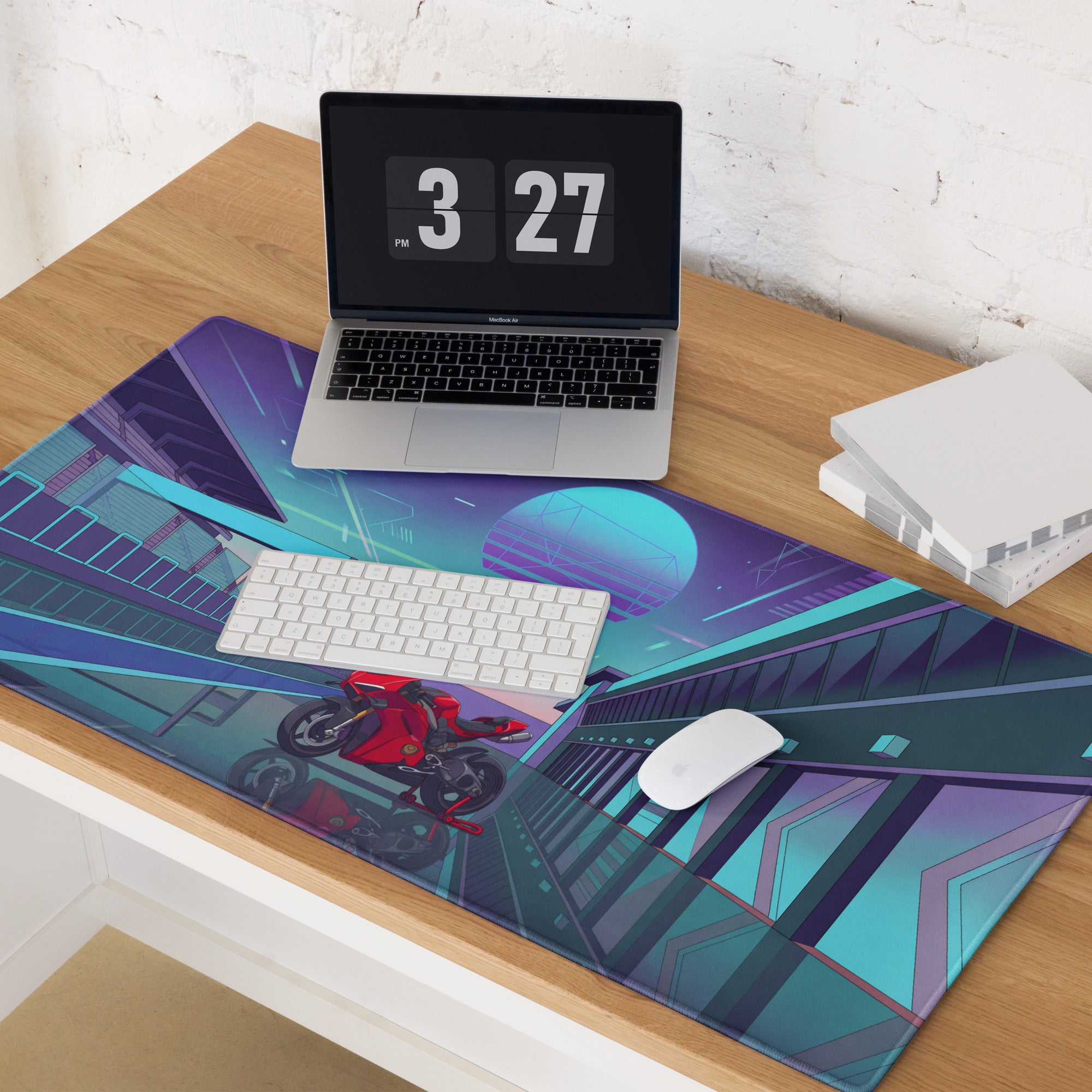 Ducati Panigale V4S Inspired Red Cyan Vaporwave Gaming Mouse Pad – Neon Pit Lane Desk Mat, Retro Futuristic Synthwave Superbike Digital Art