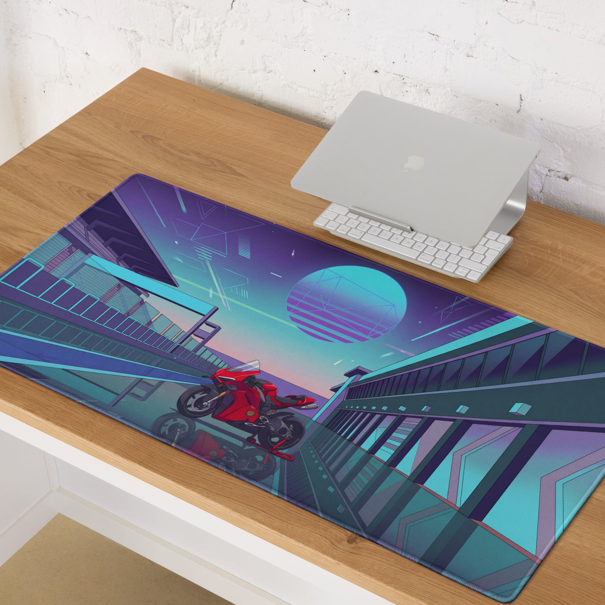 Ducati Panigale V4S Inspired Red Cyan Vaporwave Gaming Mouse Pad – Neon Pit Lane Desk Mat, Retro Futuristic Synthwave Superbike Digital Art