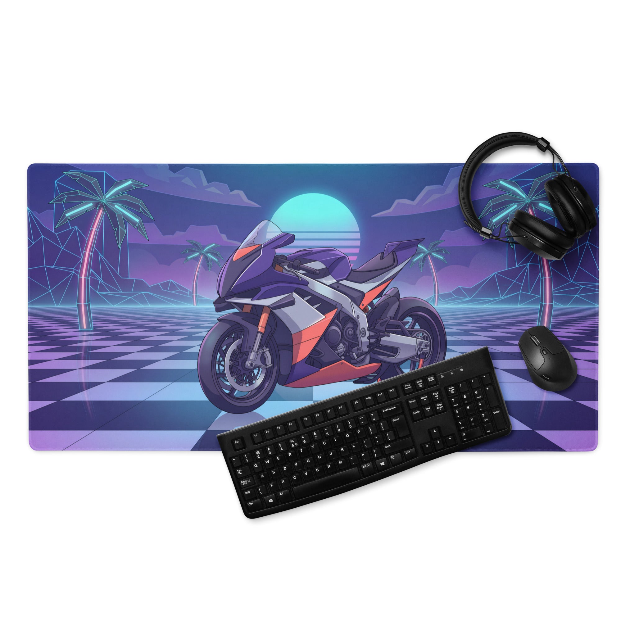 Aprilia RSV4 Xtrenta Inspired Purple Silver Vaporwave Gaming Mouse Pad – Neon Palm Sunset Desk Mat, Retro Futuristic Synthwave Superbike Digital Art