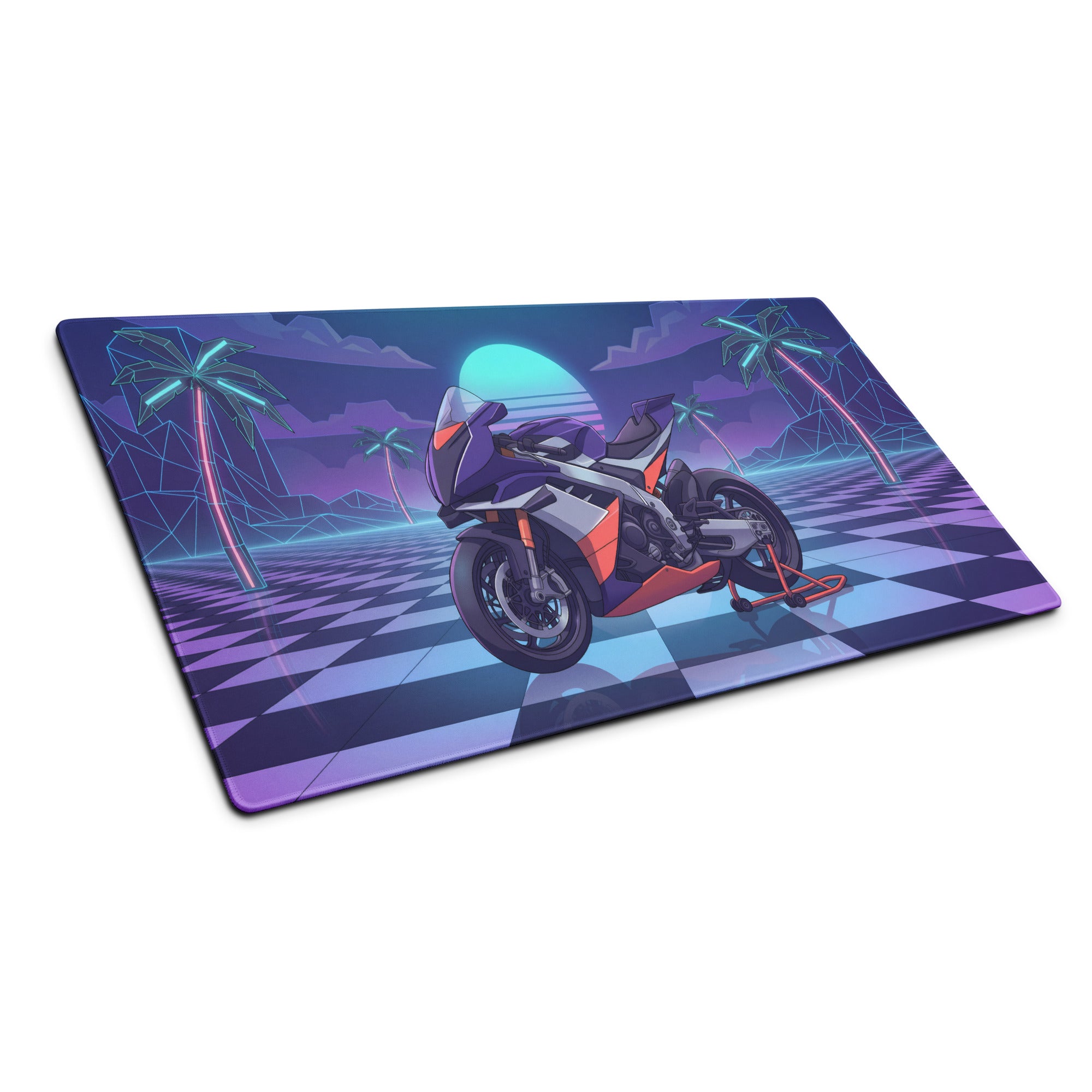 Aprilia RSV4 Xtrenta Inspired Purple Silver Vaporwave Gaming Mouse Pad – Neon Palm Sunset Desk Mat, Retro Futuristic Synthwave Superbike Digital Art