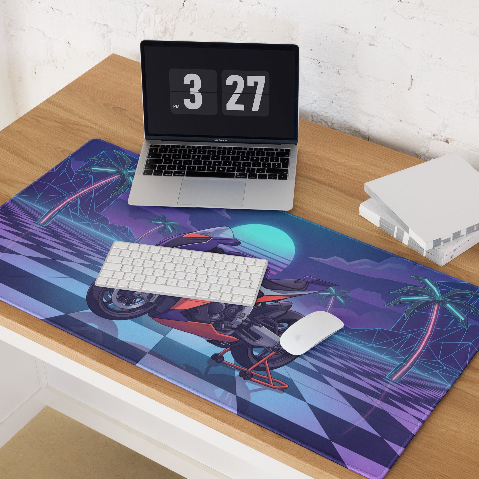 Aprilia RSV4 Xtrenta Inspired Purple Silver Vaporwave Gaming Mouse Pad – Neon Palm Sunset Desk Mat, Retro Futuristic Synthwave Superbike Digital Art