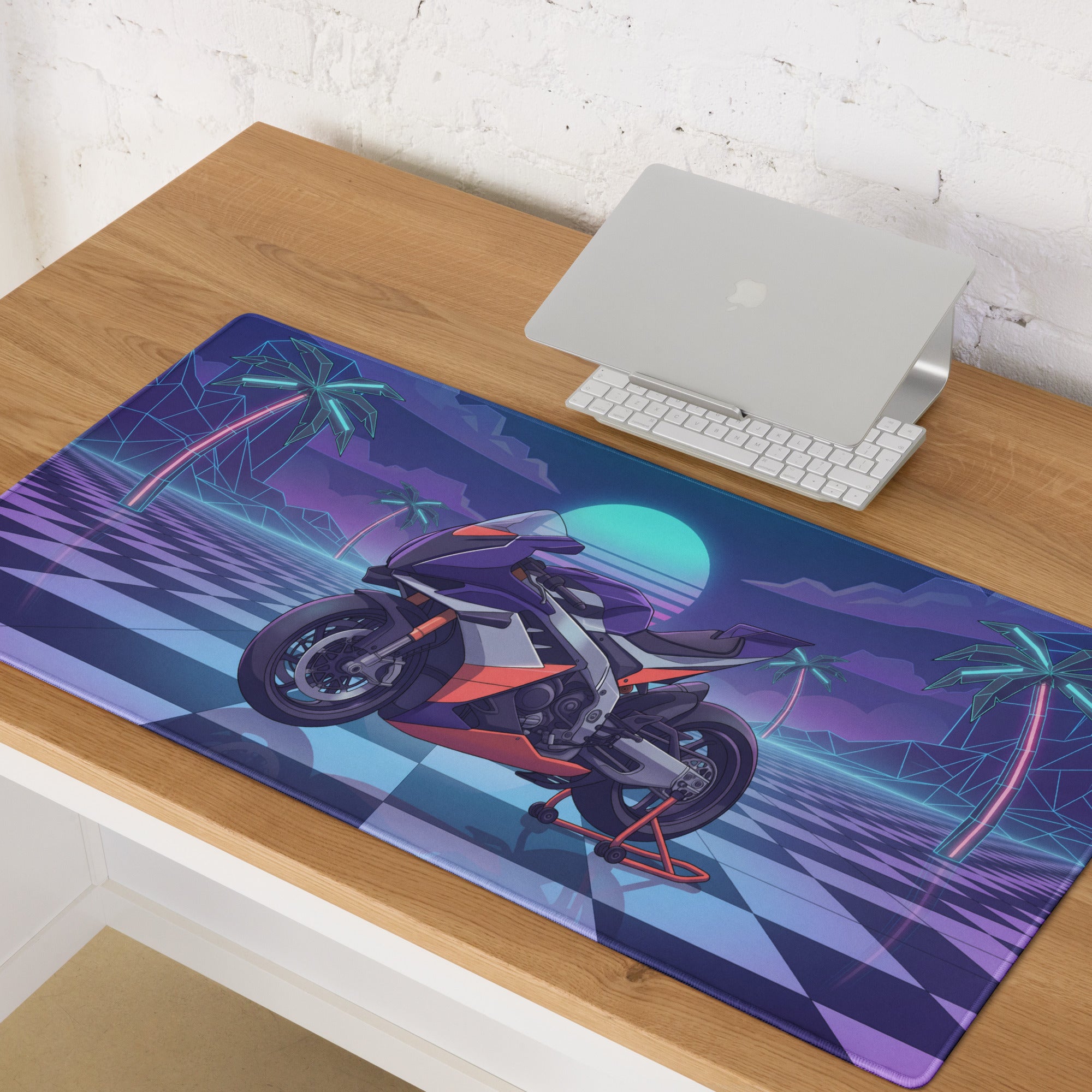 Aprilia RSV4 Xtrenta Inspired Purple Silver Vaporwave Gaming Mouse Pad – Neon Palm Sunset Desk Mat, Retro Futuristic Synthwave Superbike Digital Art