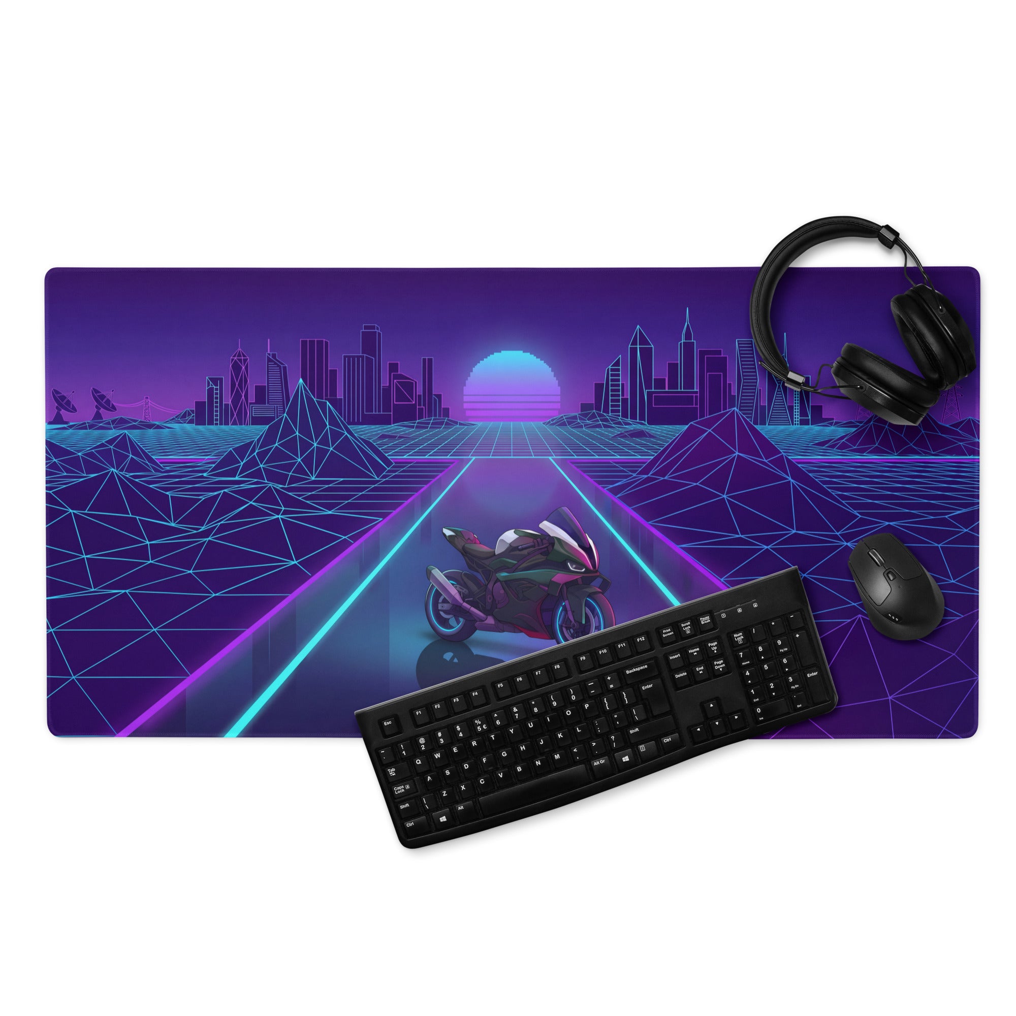 BMW M1000RR Inspired Purple Blue Vaporwave Gaming Mouse Pad – Neon Cyber City Desk Mat, Retro Futuristic Synthwave Motorcycle Digital Art