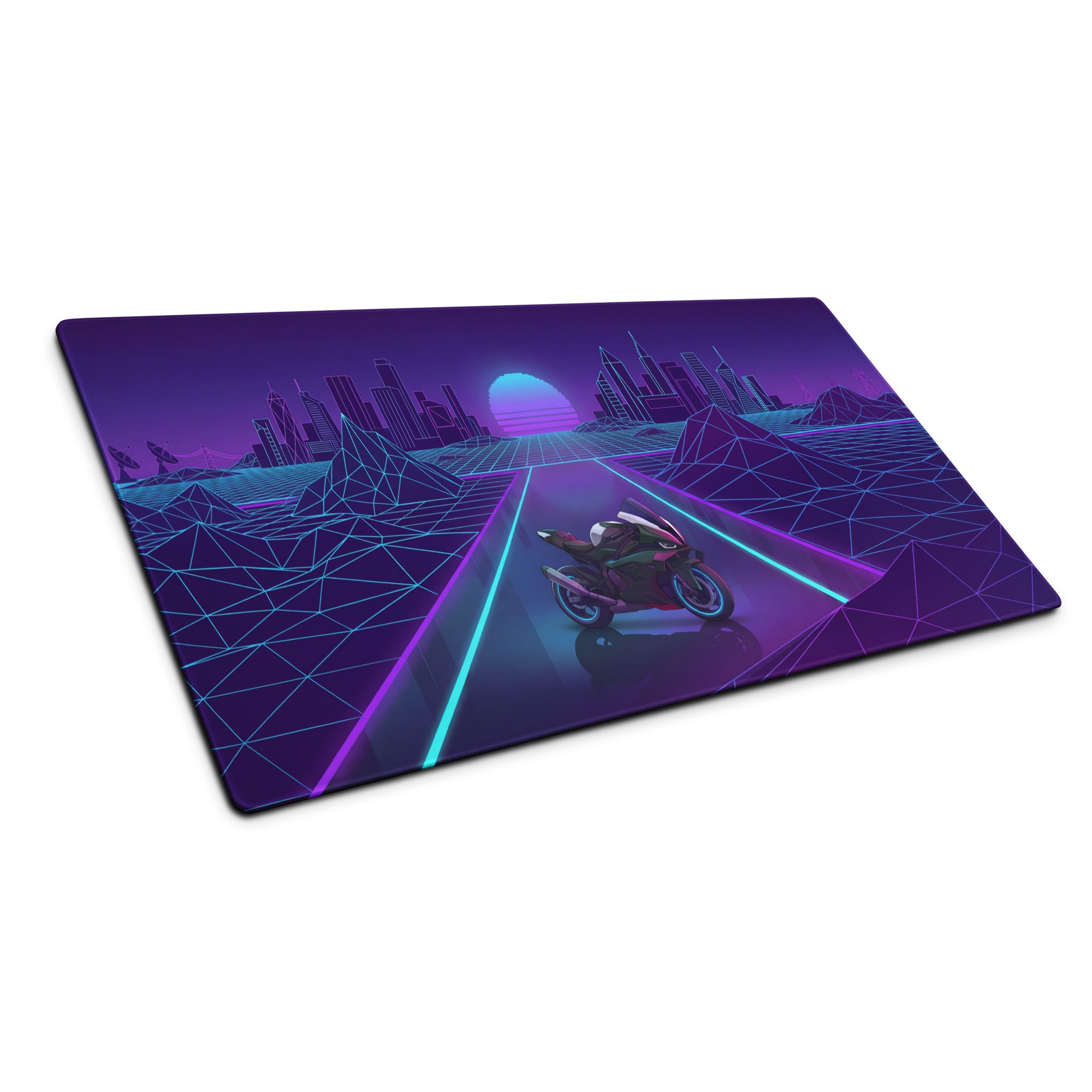 BMW M1000RR Inspired Purple Blue Vaporwave Gaming Mouse Pad – Neon Cyber City Desk Mat, Retro Futuristic Synthwave Motorcycle Digital Art