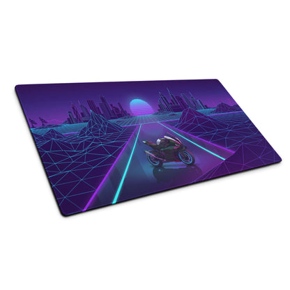BMW M1000RR Inspired Purple Blue Vaporwave Gaming Mouse Pad – Neon Cyber City Desk Mat, Retro Futuristic Synthwave Motorcycle Digital Art