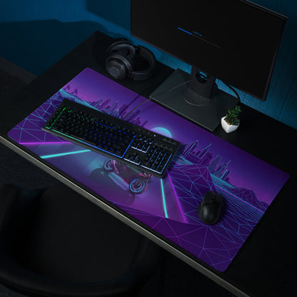 BMW M1000RR Inspired Purple Blue Vaporwave Gaming Mouse Pad – Neon Cyber City Desk Mat, Retro Futuristic Synthwave Motorcycle Digital Art