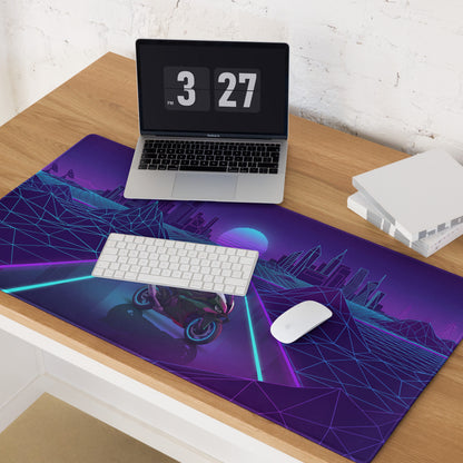 BMW M1000RR Inspired Purple Blue Vaporwave Gaming Mouse Pad – Neon Cyber City Desk Mat, Retro Futuristic Synthwave Motorcycle Digital Art