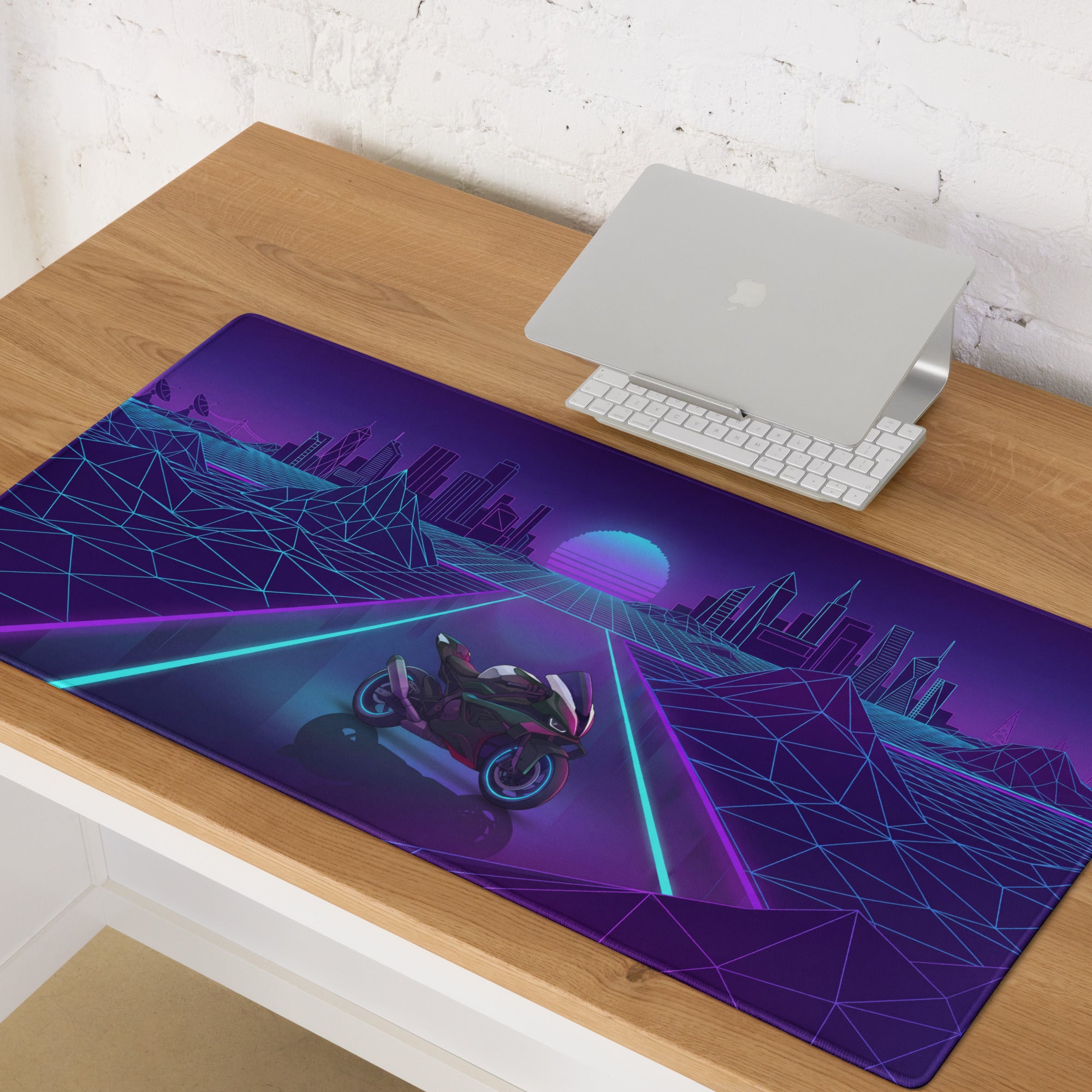 BMW M1000RR Inspired Purple Blue Vaporwave Gaming Mouse Pad – Neon Cyber City Desk Mat, Retro Futuristic Synthwave Motorcycle Digital Art