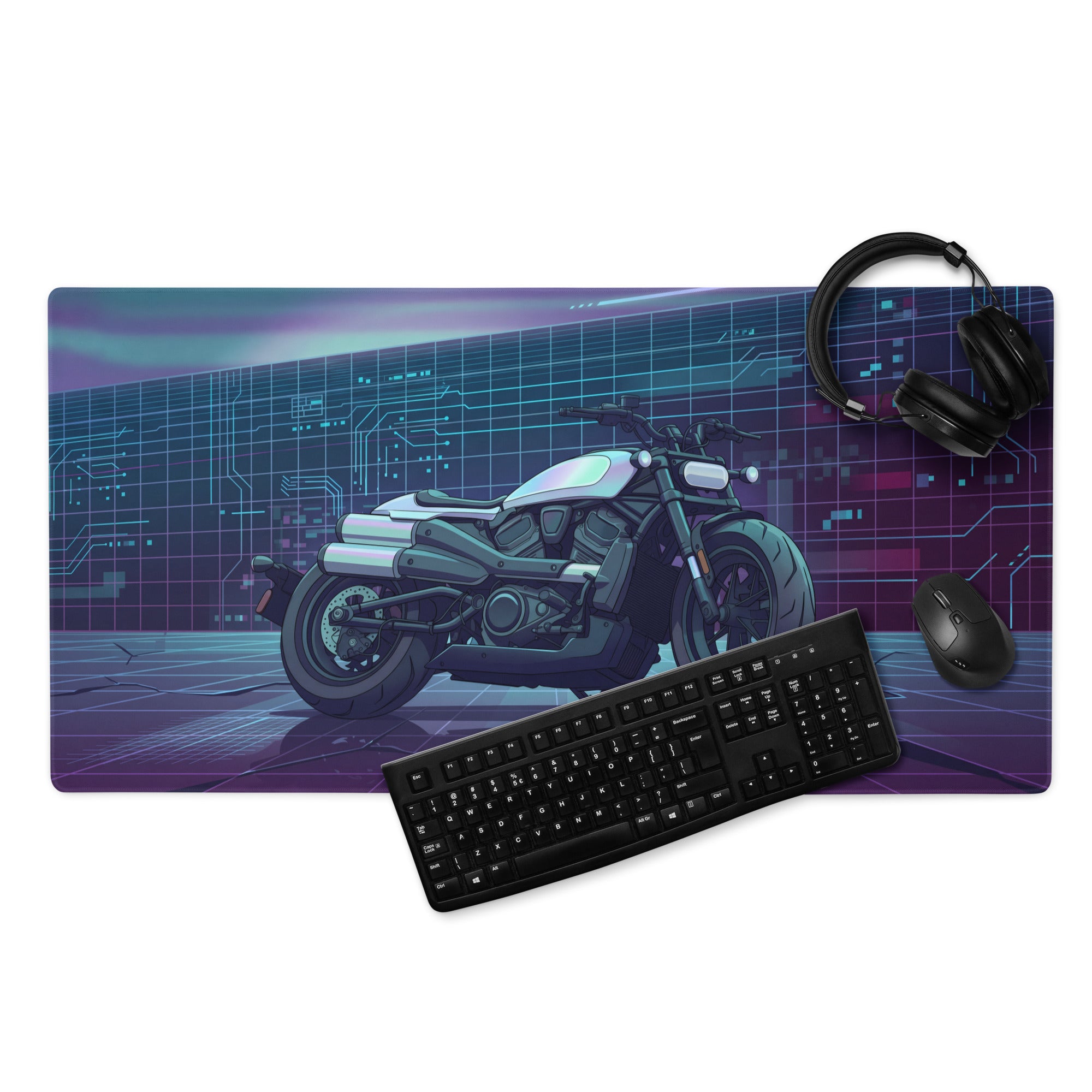 Sportster S Inspired White Blue Vaporwave Gaming Mouse Pad – Neon Cyber Garage Desk Mat, Futuristic Cruiser Motorcycle Digital Art