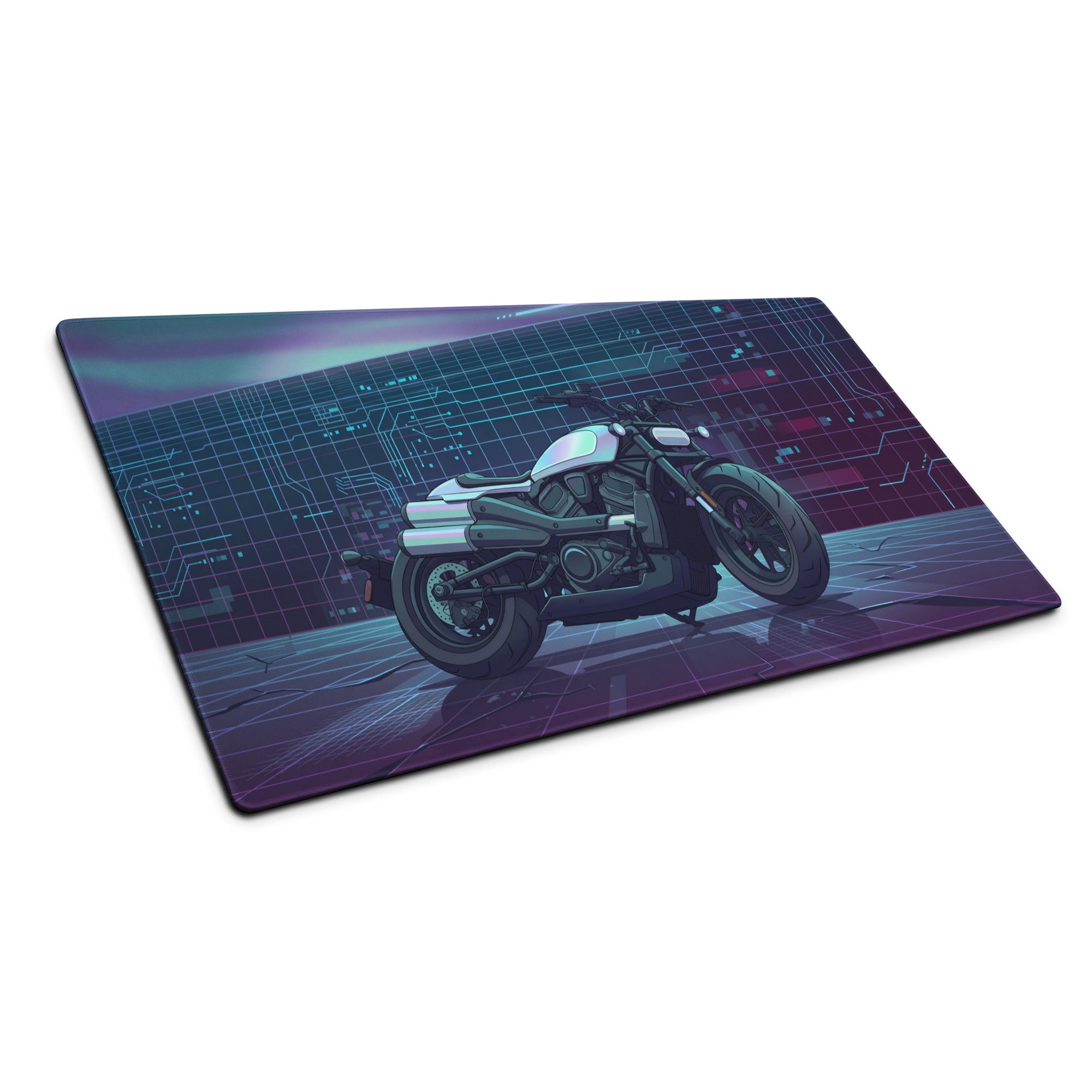 Sportster S Inspired White Blue Vaporwave Gaming Mouse Pad – Neon Cyber Garage Desk Mat, Futuristic Cruiser Motorcycle Digital Art