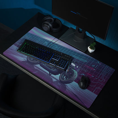 Sportster S Inspired White Blue Vaporwave Gaming Mouse Pad – Neon Cyber Garage Desk Mat, Futuristic Cruiser Motorcycle Digital Art