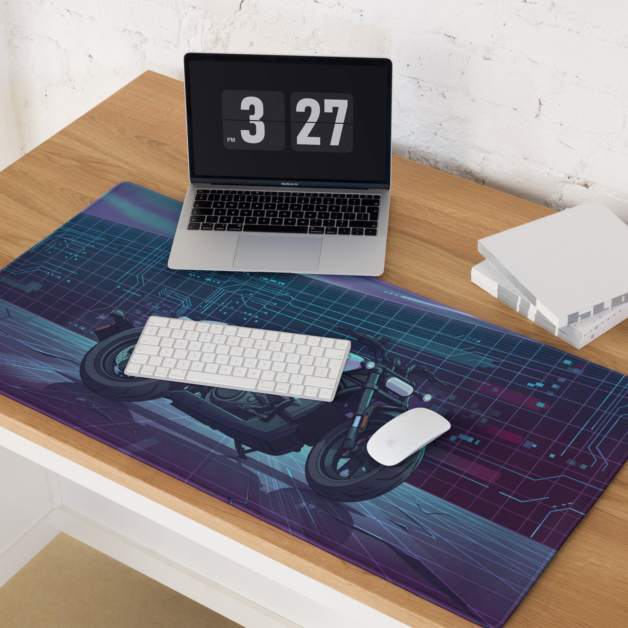 Sportster S Inspired White Blue Vaporwave Gaming Mouse Pad – Neon Cyber Garage Desk Mat, Futuristic Cruiser Motorcycle Digital Art
