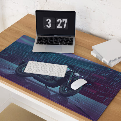 Sportster S Inspired White Blue Vaporwave Gaming Mouse Pad – Neon Cyber Garage Desk Mat, Futuristic Cruiser Motorcycle Digital Art