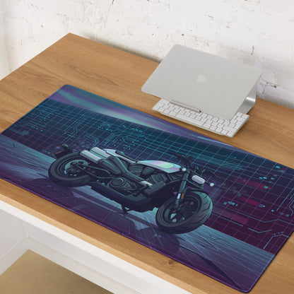 Sportster S Inspired White Blue Vaporwave Gaming Mouse Pad – Neon Cyber Garage Desk Mat, Futuristic Cruiser Motorcycle Digital Art