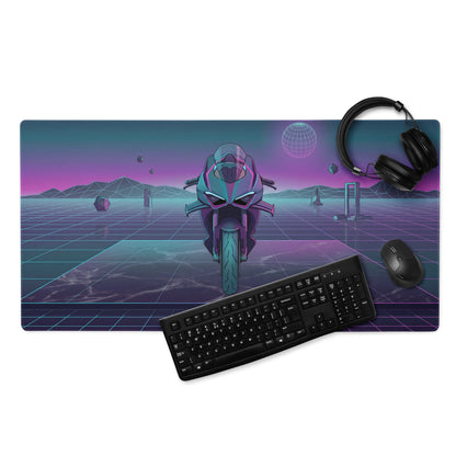 Ducati Panigale V4R Inspired Teal Purple Vaporwave Gaming Mouse Pad – Neon Grid Desk Mat, Retro Futuristic Supersport Motorcycle Digital Art