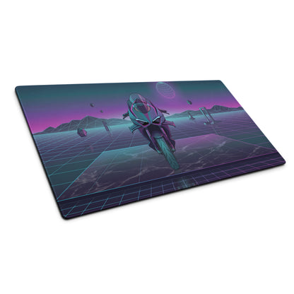 Ducati Panigale V4R Inspired Teal Purple Vaporwave Gaming Mouse Pad – Neon Grid Desk Mat, Retro Futuristic Supersport Motorcycle Digital Art