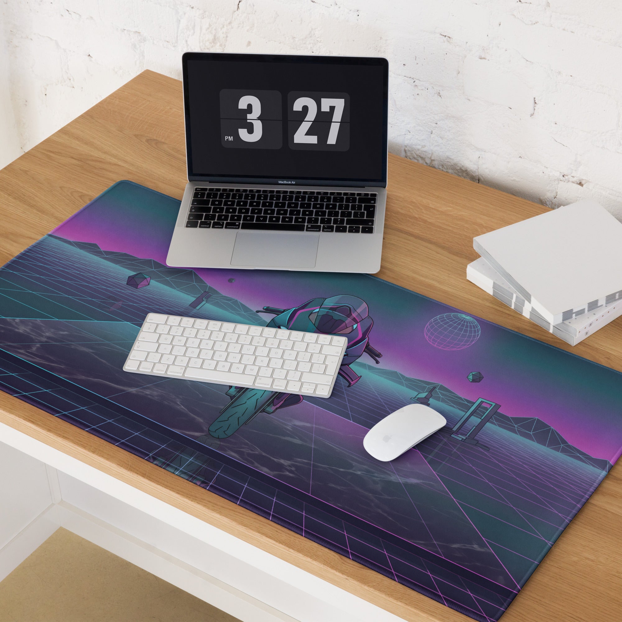 Ducati Panigale V4R Inspired Teal Purple Vaporwave Gaming Mouse Pad – Neon Grid Desk Mat, Retro Futuristic Supersport Motorcycle Digital Art