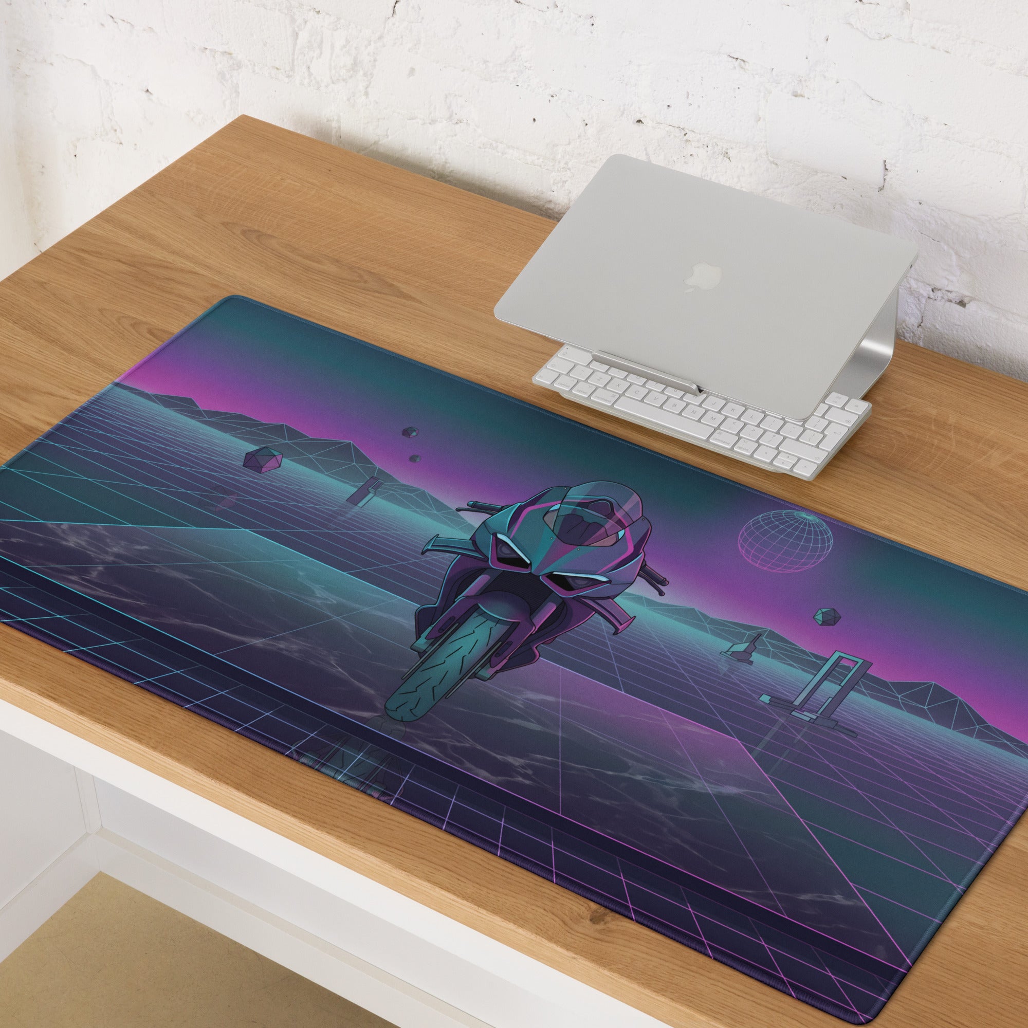 Ducati Panigale V4R Inspired Teal Purple Vaporwave Gaming Mouse Pad – Neon Grid Desk Mat, Retro Futuristic Supersport Motorcycle Digital Art