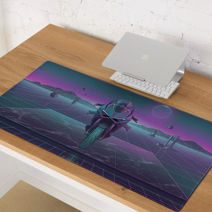 Ducati Panigale V4R Inspired Teal Purple Vaporwave Gaming Mouse Pad – Neon Grid Desk Mat, Retro Futuristic Supersport Motorcycle Digital Art