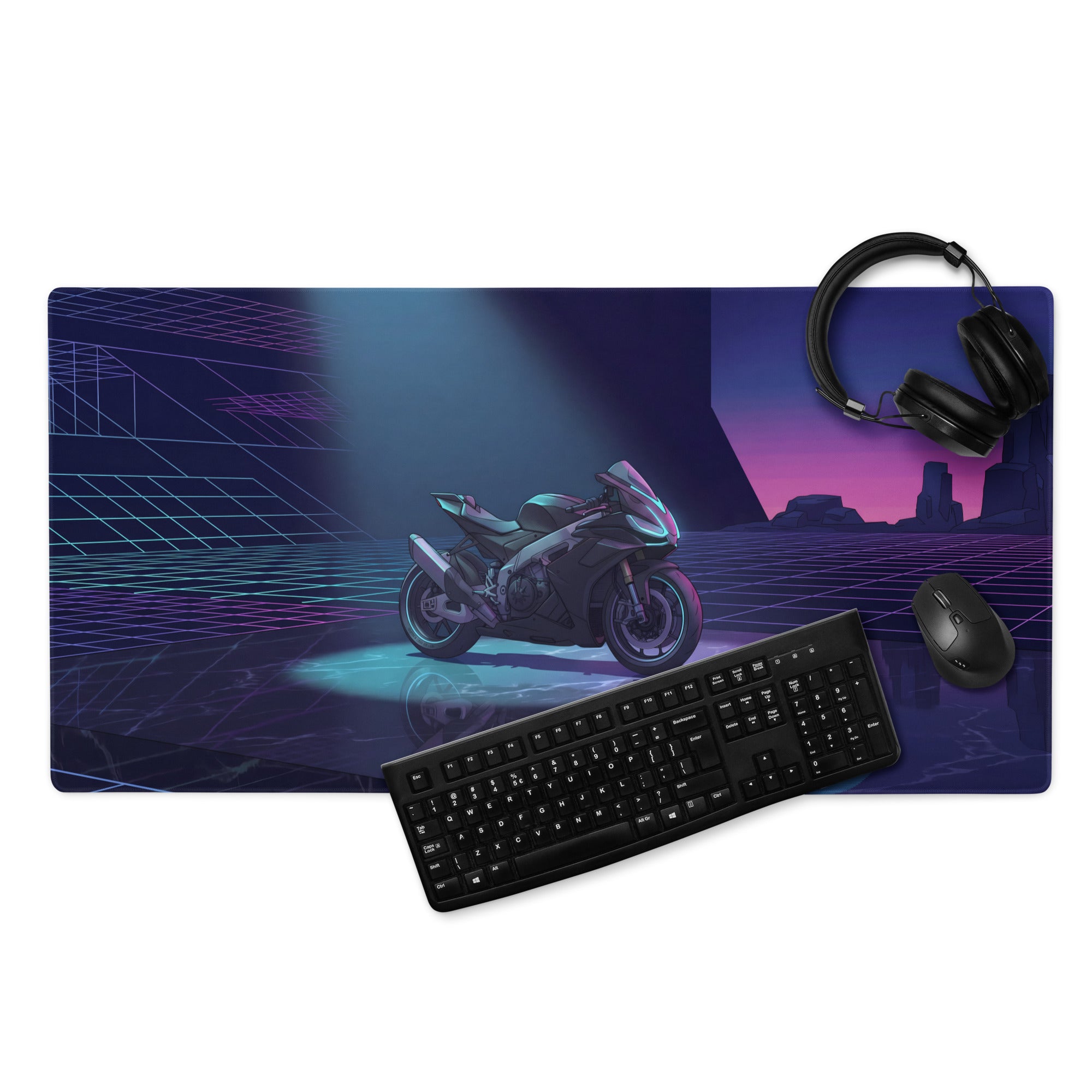 Aprilia RSV4 Inspired Black Teal Vaporwave Gaming Mouse Pad – Neon Desert Grid Desk Mat, Retro Futuristic Synthwave Superbike Digital Art