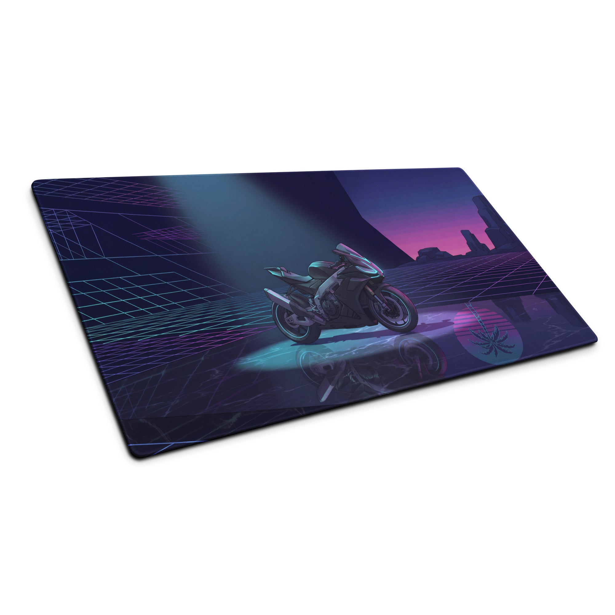 Aprilia RSV4 Inspired Black Teal Vaporwave Gaming Mouse Pad – Neon Desert Grid Desk Mat, Retro Futuristic Synthwave Superbike Digital Art