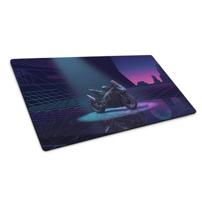 Aprilia RSV4 Inspired Black Teal Vaporwave Gaming Mouse Pad – Neon Desert Grid Desk Mat, Retro Futuristic Synthwave Superbike Digital Art