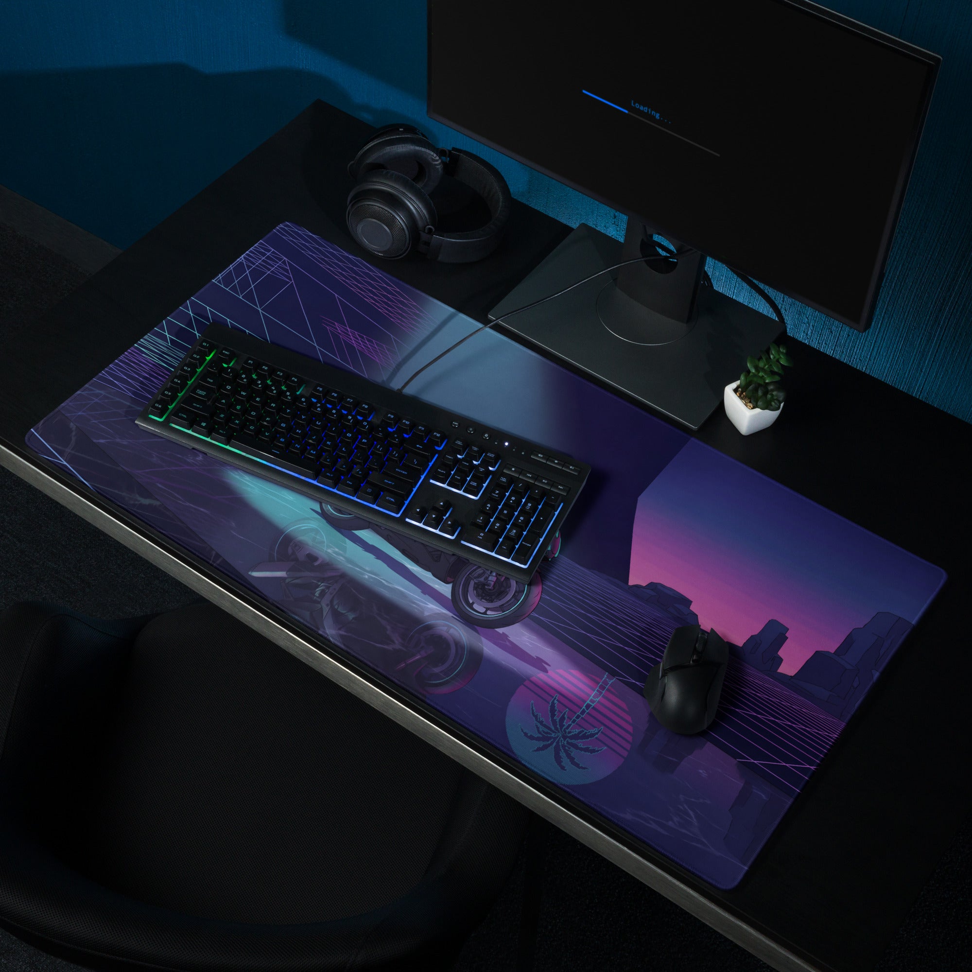Aprilia RSV4 Inspired Black Teal Vaporwave Gaming Mouse Pad – Neon Desert Grid Desk Mat, Retro Futuristic Synthwave Superbike Digital Art