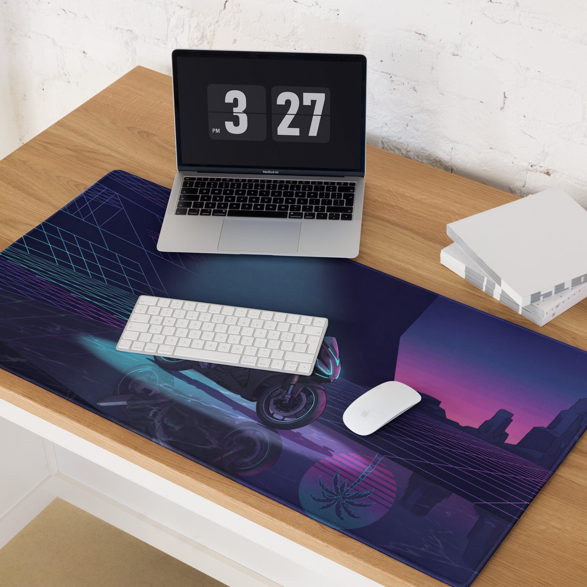 Aprilia RSV4 Inspired Black Teal Vaporwave Gaming Mouse Pad – Neon Desert Grid Desk Mat, Retro Futuristic Synthwave Superbike Digital Art