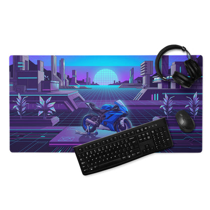 Yamaha R6 Inspired Blue Purple Vaporwave Gaming Mouse Pad – Neon Futuristic City Desk Mat, Retro Synthwave Sportbike Digital Art