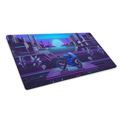 Yamaha R6 Inspired Blue Purple Vaporwave Gaming Mouse Pad – Neon Futuristic City Desk Mat, Retro Synthwave Sportbike Digital Art