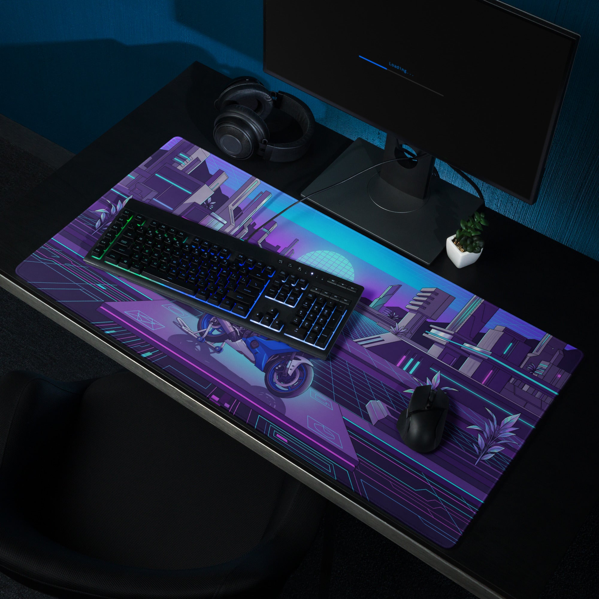 Yamaha R6 Inspired Blue Purple Vaporwave Gaming Mouse Pad – Neon Futuristic City Desk Mat, Retro Synthwave Sportbike Digital Art