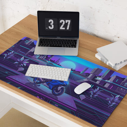 Yamaha R6 Inspired Blue Purple Vaporwave Gaming Mouse Pad – Neon Futuristic City Desk Mat, Retro Synthwave Sportbike Digital Art