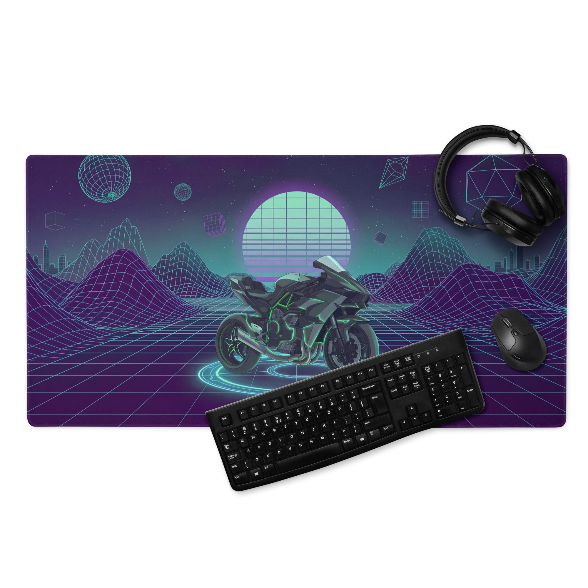 Kawasaki H2 Inspired Black Green Vaporwave Gaming Mouse Pad – Neon Grid Desk Mat, Retro Futuristic Synthwave Naked Motorcycle Digital Art