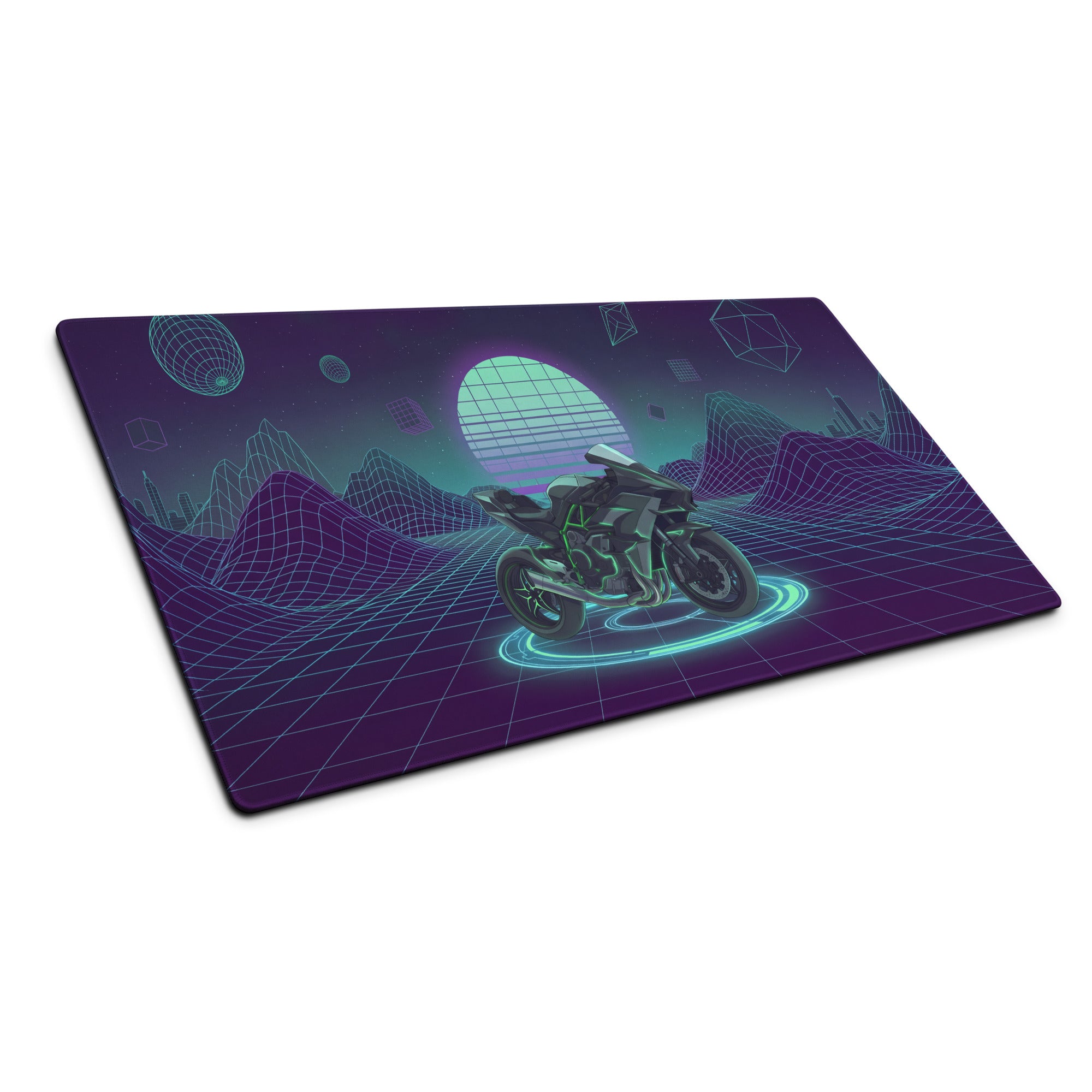 Kawasaki H2 Inspired Black Green Vaporwave Gaming Mouse Pad – Neon Grid Desk Mat, Retro Futuristic Synthwave Naked Motorcycle Digital Art
