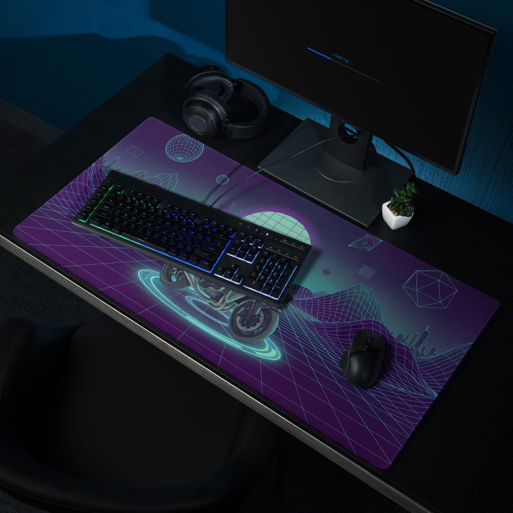 Kawasaki H2 Inspired Black Green Vaporwave Gaming Mouse Pad – Neon Grid Desk Mat, Retro Futuristic Synthwave Naked Motorcycle Digital Art