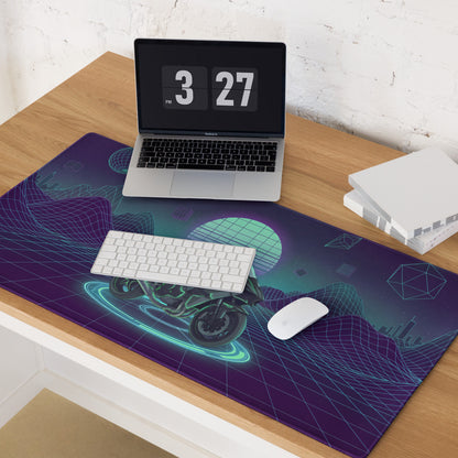 Kawasaki H2 Inspired Black Green Vaporwave Gaming Mouse Pad – Neon Grid Desk Mat, Retro Futuristic Synthwave Naked Motorcycle Digital Art