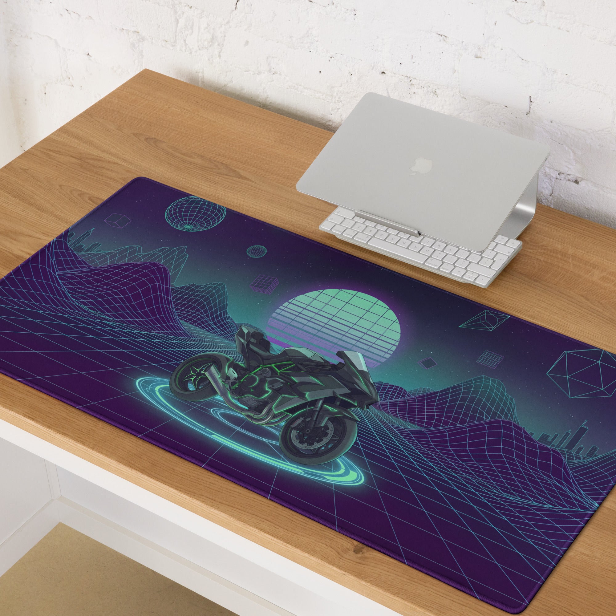 Kawasaki H2 Inspired Black Green Vaporwave Gaming Mouse Pad – Neon Grid Desk Mat, Retro Futuristic Synthwave Naked Motorcycle Digital Art