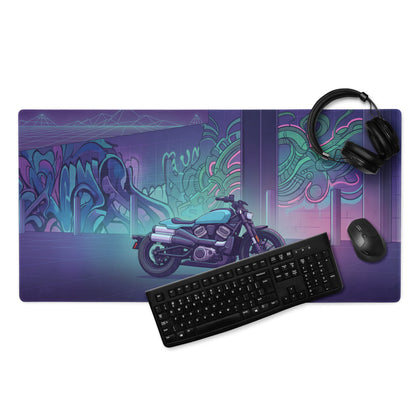 Sportster S Inspired Teal Purple Vaporwave Gaming Mouse Pad – Neon Graffiti Garage Desk Mat, Retro Futuristic Cruiser Digital Art