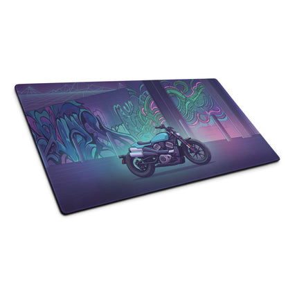 Sportster S Inspired Teal Purple Vaporwave Gaming Mouse Pad – Neon Graffiti Garage Desk Mat, Retro Futuristic Cruiser Digital Art