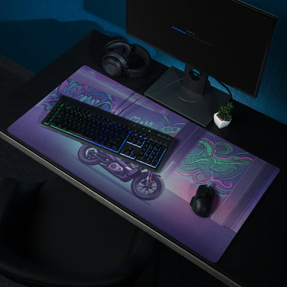 Sportster S Inspired Teal Purple Vaporwave Gaming Mouse Pad – Neon Graffiti Garage Desk Mat, Retro Futuristic Cruiser Digital Art