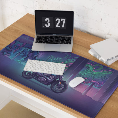 Sportster S Inspired Teal Purple Vaporwave Gaming Mouse Pad – Neon Graffiti Garage Desk Mat, Retro Futuristic Cruiser Digital Art